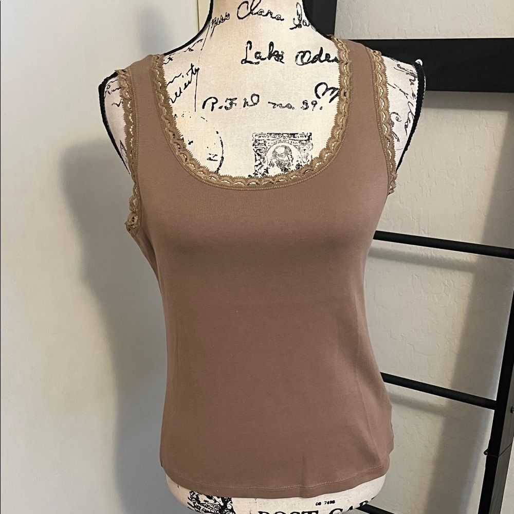 Y2K JM Collection Brown Lace Trim Tank Top 2000’s Romantic Cottagecore